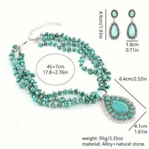 Silver Turquoise Western Tear Drop Pendant Necklace & Earring Set - Picture 7 of 7